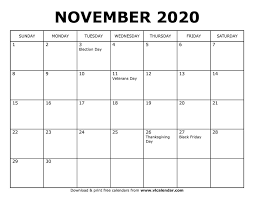 Printable November 2020 Calendar Holiday Calendar November Calendar Usa Calendar