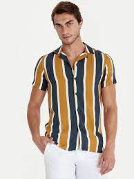 Sari Slim Fit Cizgili Kisa Kollu Poplin Gomlek Lc Waikiki Gomlek Erkek Gomlek Cizgili Gomlek