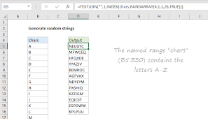 The input will only consist of either an uppercase letter from a to z or an integer from 1 to 26 inclusive. Excel Formula Generate Random Text Strings Exceljet