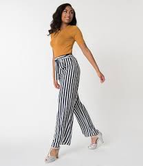 Black And White Striped Wide Leg Pants Outfit Retro Style Navy Blue White Striped Tie Belt Wide Leg Pants Stripe Pants Outfit White Pants Outfit Blue And White Outfits