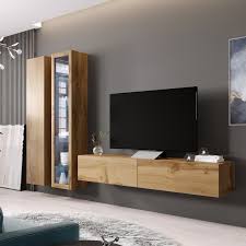 Matte maple wood and glossy beige drawers are a dynamic asymmetrical wooden floating tv stand: Floating Tv Wall Unit For Living Room Novocom Top