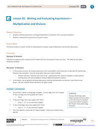 1 lesson 1 answer key nys common core mathematics curriculum 5 • 4 lesson 1 problem 4. Grade 6 Mathematics Module 4 Topic F Lesson 20