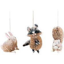 Cute white bunny bow tie thumbs up sign pink metal ornament. Frosted Buri Fiber Squirrel Rabbit Raccoon Christmas Ornaments Set 3