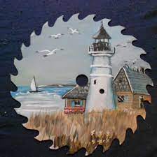 Hand Painted Saw Blade Lighthouse Blue Roof Art Direct From The Artist Artist Paintings Artist Acryli Decorative Painting Painting Crafts Painting