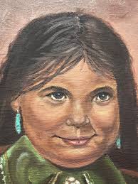 Wonderful 1970s Signed Indigenous Navajo Original Painting of a Young Woman  — Intense Detail and Beautiful Imagery