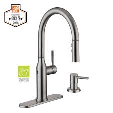 How to install a kitchen faucet better homes gardens. Glacier Bay Upson Single Handle Touchless Pull Down Kitchen Faucet With Turbospray And Fastmount And Soap Dispenser In Stainless Hd67857 0008d2 The Home Depot Touch Kitchen Faucet Kitchen Faucet Faucet