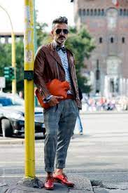 Brown Leather Jacket Grey Plaid Pants Red Shoes Bowtie Mens Street Style Best Mens Fashion Men Street Fashion