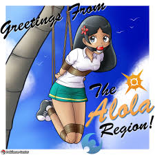 magnolia-baillon, lass (pokemon), creatures (company), game freak,  nintendo, pokemon, pokemon sm, highres, arms behind back, ball gag, bare  legs, bdsm, black hair, bondage, bound, bound ankles, bound legs, dark  skin, flower, gag,