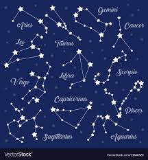 12 Zodiac Signs Constellations Set On Dark Vector Image Constellations Constellations In The Sky Astrology