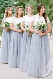 A Line Short Sleeves White Top Gray Long Tulle Bridesmaid Dresses Okg51 Tulle Bridesmaid Dress Two Piece Bridesmaid Dresses Bridesmaid Dresses With Sleeves