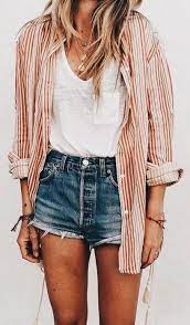 Casual Summer Outfit With Jean Shorts White Shirt And Red Striped Button Up Spring Outfits Casual Casual Summer Outfits Clothes For Women