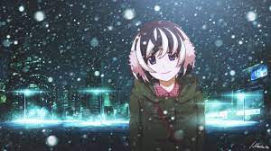 Green Full Zip Jacket Monogatari Series Hanekawa Tsubasa Winter Night City Snow Anime 2k Wallpaper Hd Android Wallpaper Anime Hd Anime Wallpapers Anime