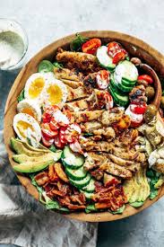 Fresh And Easy Caesar Cobb Salad Made With Grilled Chicken Avocado Bacon All The Toppings An Paleo Grilled Chicken Paleo Recipes Dinner Paleo Diet Recipes