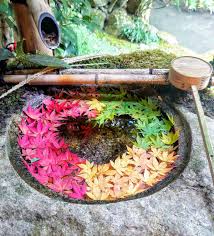 紅葉で作ったハート形の花手水 triproud 紅葉 花 もみじ