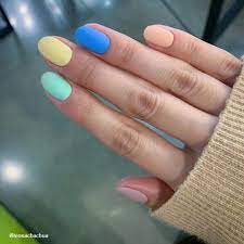Short Matte Multi Color Nails For Spring 2020 Multicolored Nails Acrylic Nails Almond Shape Indigo Nails