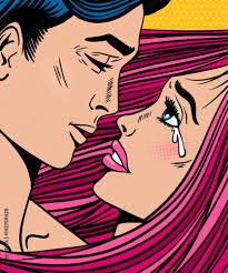 Pop art love kissing couple. Crying woman with pink hair and open mouth and  sexy man before kiss. Vector colorful background in pop art retro comic  style. Valentine's day poster. Stock Vector |