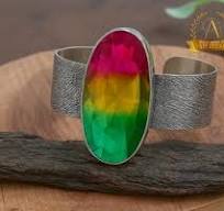 Handmade 925 Silver Cuff Bracelet: Rainbow Hydro Quartz Gemstone Bangle