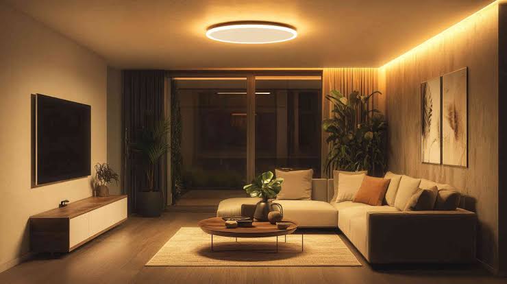 Luminárias de LED modernas acesas em sala de estar