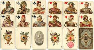There are three face cards of each suit in a deck, for a total of 12 court or face cards per deck. Russian Playing Cards Wikipedia
