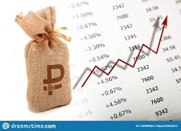 Bags Of Russian Currency And Growth Chart With Digits Stock