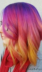 Purple Yellow Dyed Hair Color Sunset Hair Hair Styles Hair Color Purple