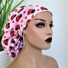 Ladybug Ponytail Scrub Cap: Satin Lined Cotton Nurse Cap