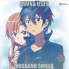 Asuna Uses Husband Shield Funny Text Asuna Kirito Couple Sword Art Online Sword Art Online Meme Sword Art Sword Art Online Kirito