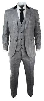 Black 3 Piece Suit Wedding Mens Grey Black Check Herringbone 3 Piece Suit Velvet Trim Retro Vintage Fitted Grey Suit Men Grey 3 Piece Suit Suits