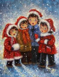 Four Christmas Carolers Art Print Four Sisters Paintings Four Girls Singing Red Capes Vickie Wade Chri Vintage Christmas Cards Christmas Scenes Old Christmas