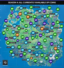 Among the features implemented is the system of xp coins of different colors — which. Fortnite Season 4 Xp Coins Locations Maps For All Weeks Pro Game Guides Fortnite Season 4 Location Map
