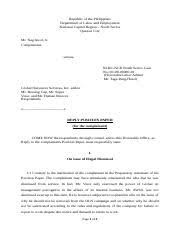 The department of health is overseeing issues concerning the health and eating. Reply Position Paper Respondent Republic Of The Philippines Department Of Labor And Employment National Capital Region North Sector Quezon City Mr Nag Course Hero