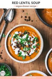 Easy Vegan Red Lentil Vegetable Soup With Harissa Crowded Kitchen Recipe Lentil Vegetable Soup Red Lentil Soup Vegetarian Soup Recipes