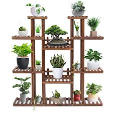 9 Tier Augienb Wooden Flower Stand Rolling Flower Plant Display Stand Shelf Ladder Stand For Living Room Balcony Patio Yard Indoors Outdoors Ample For 17 Pots Wooden Plant Stands Flower Stands