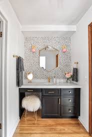 Since the jacuzzi tub has gold hardware that i cannot replace i thought about brushed gold sink faucet, hardware, mirrors & lights. Black Vanity With Brass Hardware Pink Accents Transitional Bathroom New York By Kraftmaster Renovations Houzz