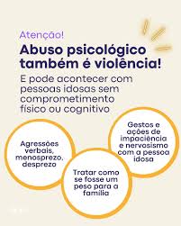 A violência contra a pessoa idosa se manifesta de diversas formas: física,  psicológica, financeira, negligência e abandono. Fique atento aos sinais e  não se cale! Como podemos ajudar? Denuncie: Se você presenciar