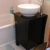 Renovators supply small vanity sink for bathroom white, dark oak cabinet, faucet and drain. 1