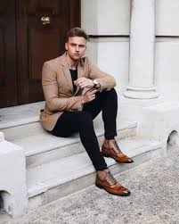 Black Blazer Khaki Pants Brown Shoes Men S Tan Blazer Black Crew Neck T Shirt Black Chinos Brown Leather Oxford Shoes Men S Fashion Lookasti Formal Men Outfit Mens Outfits Best Mens Fashion
