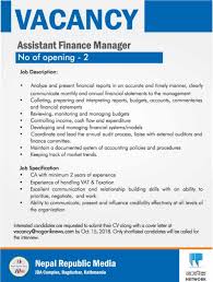 Assistant finance manager | up to 78,000 p.a. Assistant Finance Manager Job Vacancy In Nepal Nepal Republic Media Oct 2018 Merojob