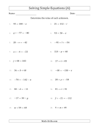 The Solving Simple Linear Equations With Unknown Values Between 99 And 99 And Variables On The Left Or R Algebra Worksheets Solving Linear Equations Equations