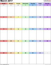 Each day in a different colour (rainbow calendar). March 2017 Calendar Templates For Word Excel And Pdf
