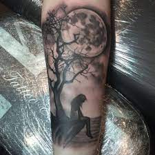 Tree And Moon Tattoo By Lou Bragg Tree Sleeve Tattoo Moon Tattoo Forest Tattoos