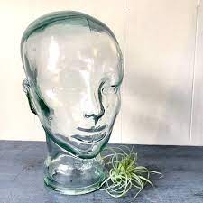 Glass Head Sculpture Clear Glass Bust Hat Stand Headphone Holder Minimalist Unisex Decor Clear Glass Head Sculpture Vintage Soda Bottles