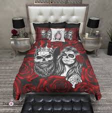 Day Of The Dead Red Rose King And Queen Sugar Skull Bedding Collection In 2020 Black Bedroom Decor Skull Bedding Bedding Sets