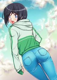 aokihoshi, hashima chihiro, imouto sae ireba ii, 10s, 1girl, androgynous,  ass, black hair, blue eyes, blush, cowboy shot, day, denim, female focus,  fingerless gloves, from behind, gloves, hood, hoodie, jeans, looking at