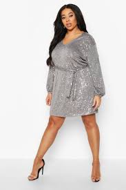 Plus Sequin Belted Blouson Sleeve Wrap Dress Boohoo In 2020 Plus Size Cocktail Dresses Plus Size Party Dresses Dresses