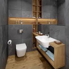 Grey Tiled Walls Small Bathroom Decorating Ideas Wooden Shelves Floor Cabinet Beautiful Bathroom Designs Floating Bathroom Vanities Modern Bathrooms Interior