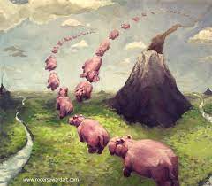 Flying Hippos Around A Volcano By Roger Seward Hippo Hippopotamus Cool Art