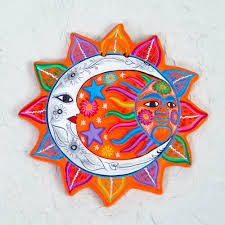 Found along the avenue of the dead, in between the pyramid of the moon and the ciudadela, and in the shadow of the mountain cerro gordo, the pyramid is part of a large complex in the heart of the city. Multicolored Ceramic Sun And Moon Wall Art From Mexico Celestial Flower Novica