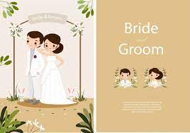 Cute Bride And Groom On Wedding Invitations Card Template Cartoon Wedding Invitations Wedding Invitation Card Design Bride And Groom Cartoon