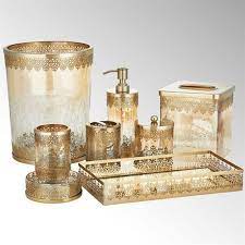 ingrid brushed gold metal and glass bath accessories by j queen new york in 2021 gold bathroom accessories bath accessories bath accessories set